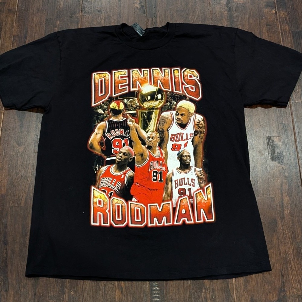 Dennis Rodman Ratro Collage T-Shirt Chicago Bulls Champ Worm Black Mens XL NBA